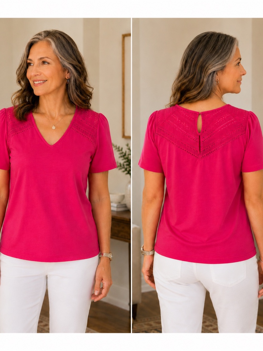 Tribal Hot Pink Eyelet Yoke V-Neck Short Sleeve Top